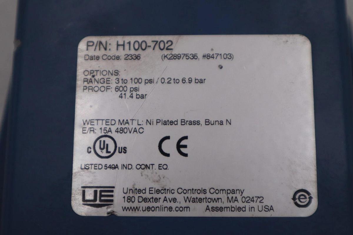 Used UNITED ELECTRIC H100-702 PRESSURE SWITCH STOCK 4435A
