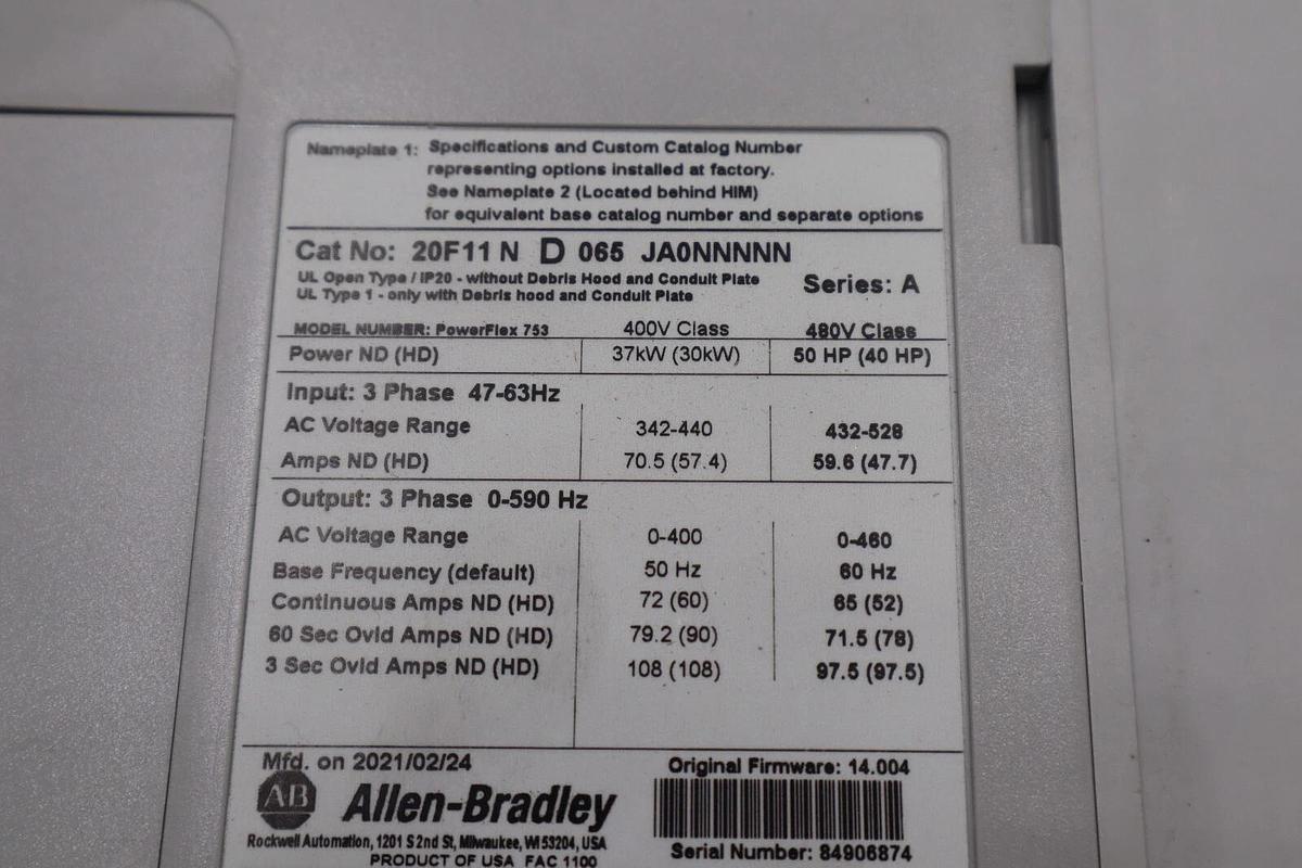 Used Allen Bradley Powerflex753, 50HP,  MFG. 2021 CAT: 20F11ND065JA0NNNNN STOCK 2483
