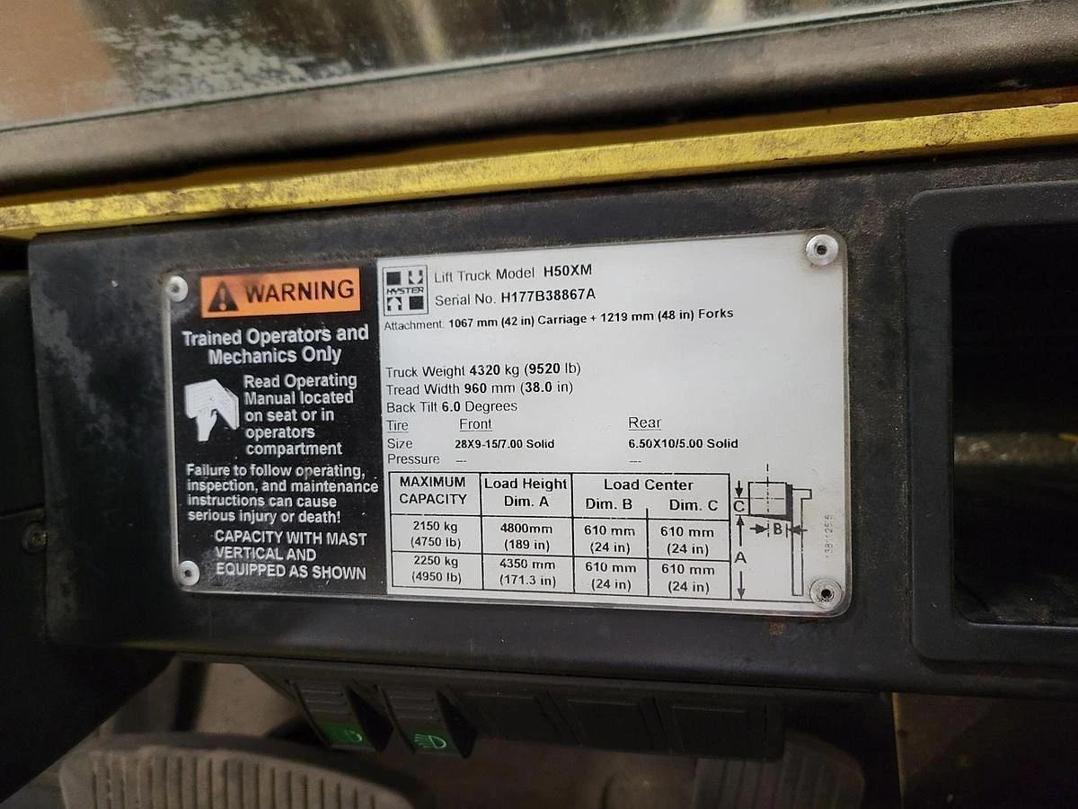 Used 5,000 LB. HYSTER MDL H50XM RH189" WITH ENCLOSED CAB