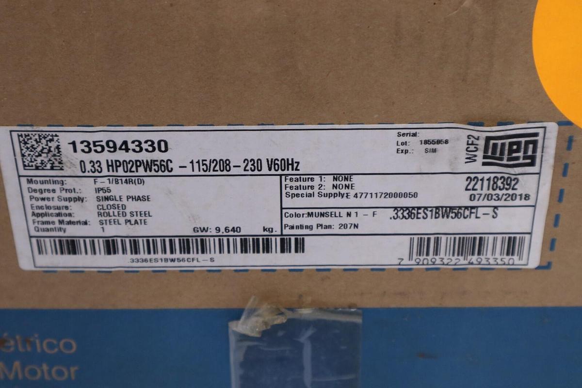 NEW WEG 0.33 HP02PW56C-115/208-230V 60HZ IP55 .3336ES1BW56CFL-S STOCK H970
