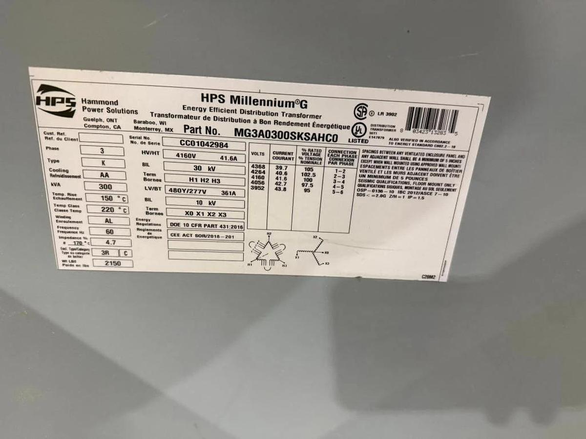 Used HPS MILLENNIUM G PART MG3A0300SKSAHC0 4160/480 300 KVA TRANSFORMER