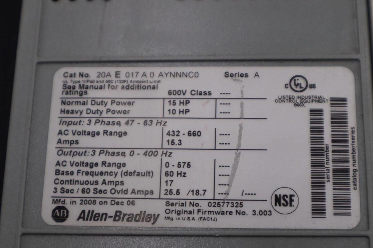 Used 15 HP ALLEN BRADLEY 20AE017A0AYNNNC0 600V POWERFLEX 70 VFD DRIVE STOCK 1805B