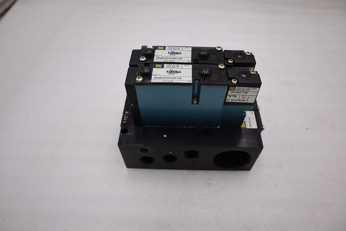 Used MAC VALVES (2) 92B-AAA-000-DM-DDAP-1DM W/ 92B-000-CJA MANIFOLD BASE STOCK H1302