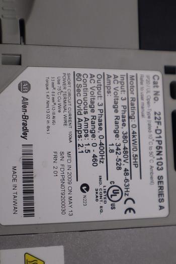 Used Allen-Bradley 22F-D1P5N103 Power Flex 4M 0.4 kW 0.5 HP AC Drive STOCK K-3894