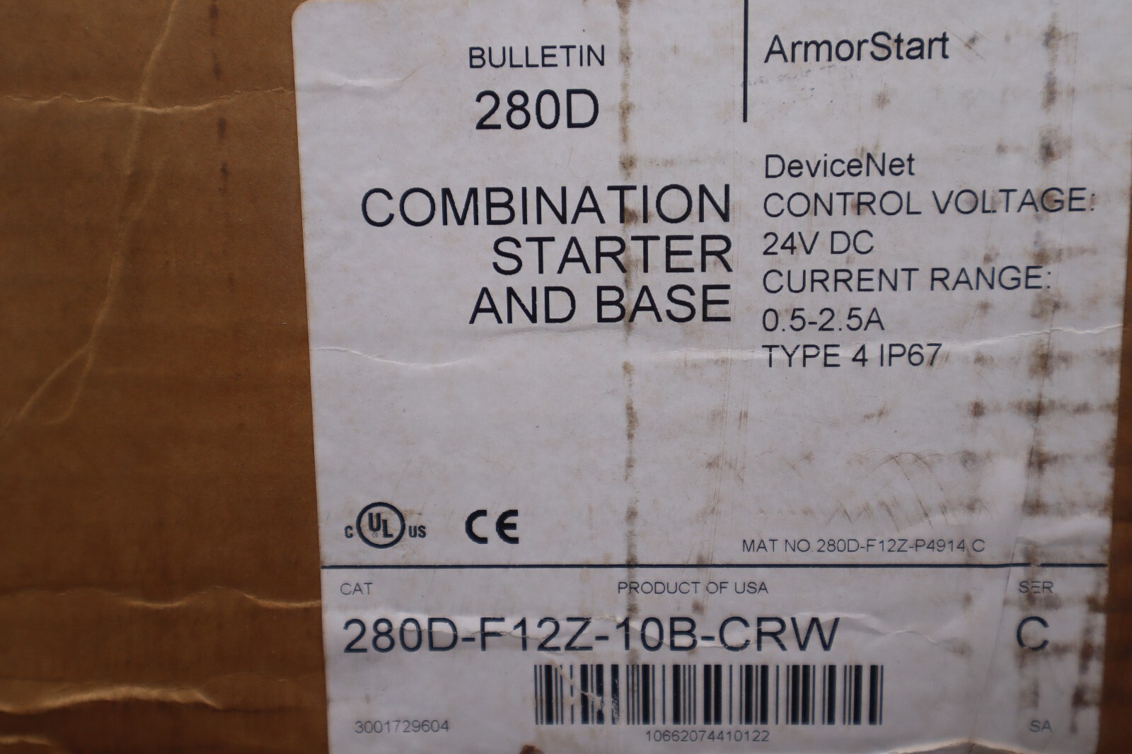 Used ALLEN BRADLEY 280D-F12Z-10B-CRW STARTER DEVICENET IP67/NEMA 4 STOCK 4725