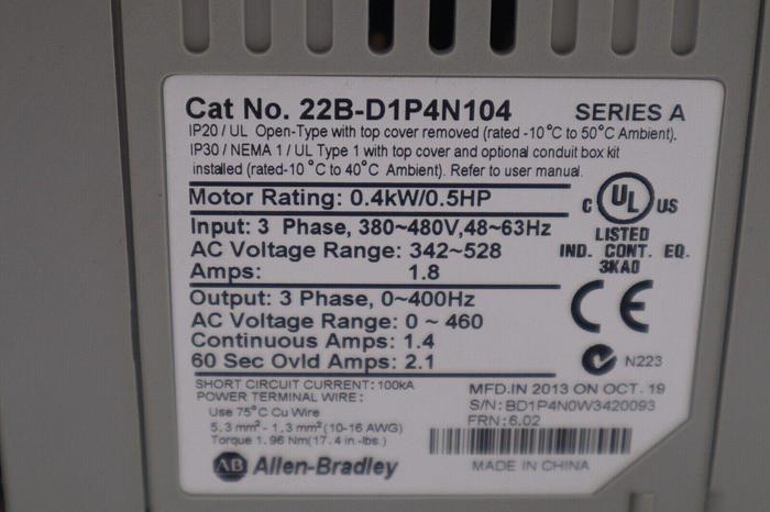 Used AB Allen-Bradley 22B-D1P4N104 PowerFlex 40 AC Drive SER A STOCK L-742-A