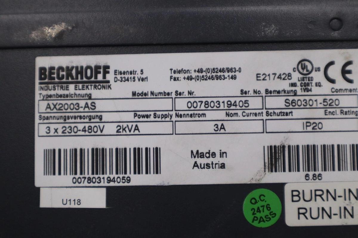 Used Beckhoff AX2003-AS S60301-520 Digital Compact Servo Drive Amplifier STK 3449-D