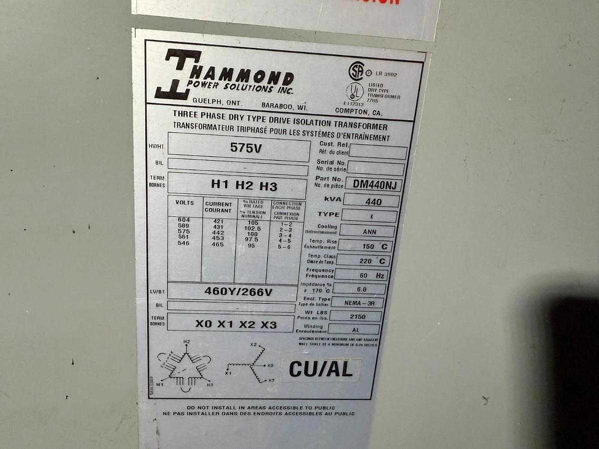 Used 440 kVA HPS Hammond DM440NJ Transformer HV 575V LV 460/266V ALUMINUM WINDINGS