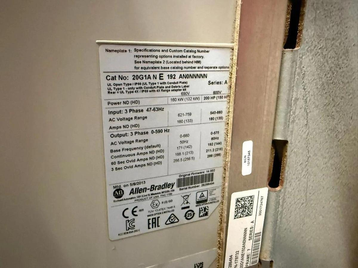 Used 200 HP ALLEN BRADLEY POWERFLEX 755 DRIVE CAT. 20G1ANE192AN0NNNNN 600V