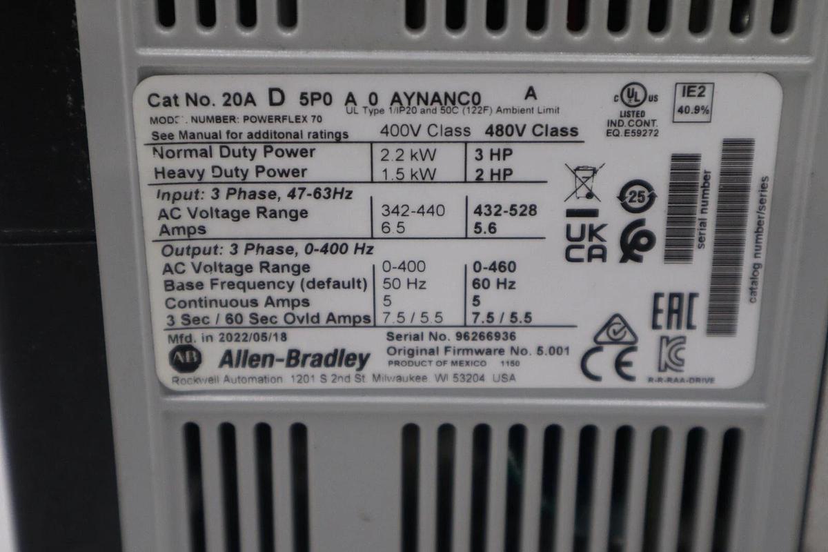 Used NEW 2022 ALLEN BRADLEY 20AD5P0A0AYNANC0 POWERFLEX 70 480 VAC DRIVE STOCK H121