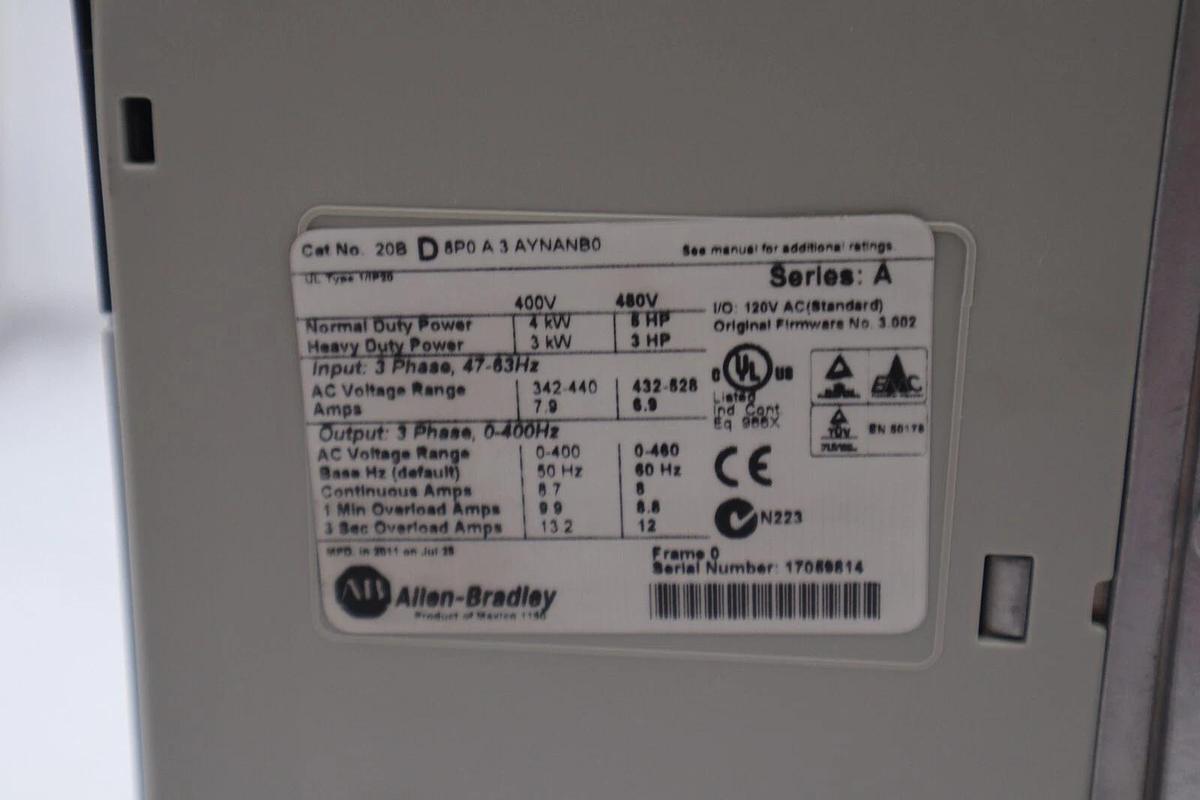 Used ALLEN-BRADLEY 20BD8P0A3AYNANB0 POWERFLEX 700 SERIES A STOCK #2801