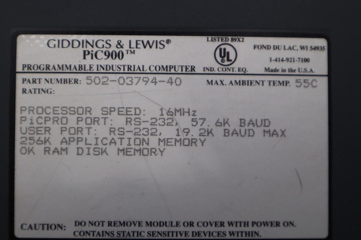 Used FIVES GIDDINGS & LEWIS 502-03794-40 PIC900 PROGRAMMABLE INDUSTRIAL COMPUTER