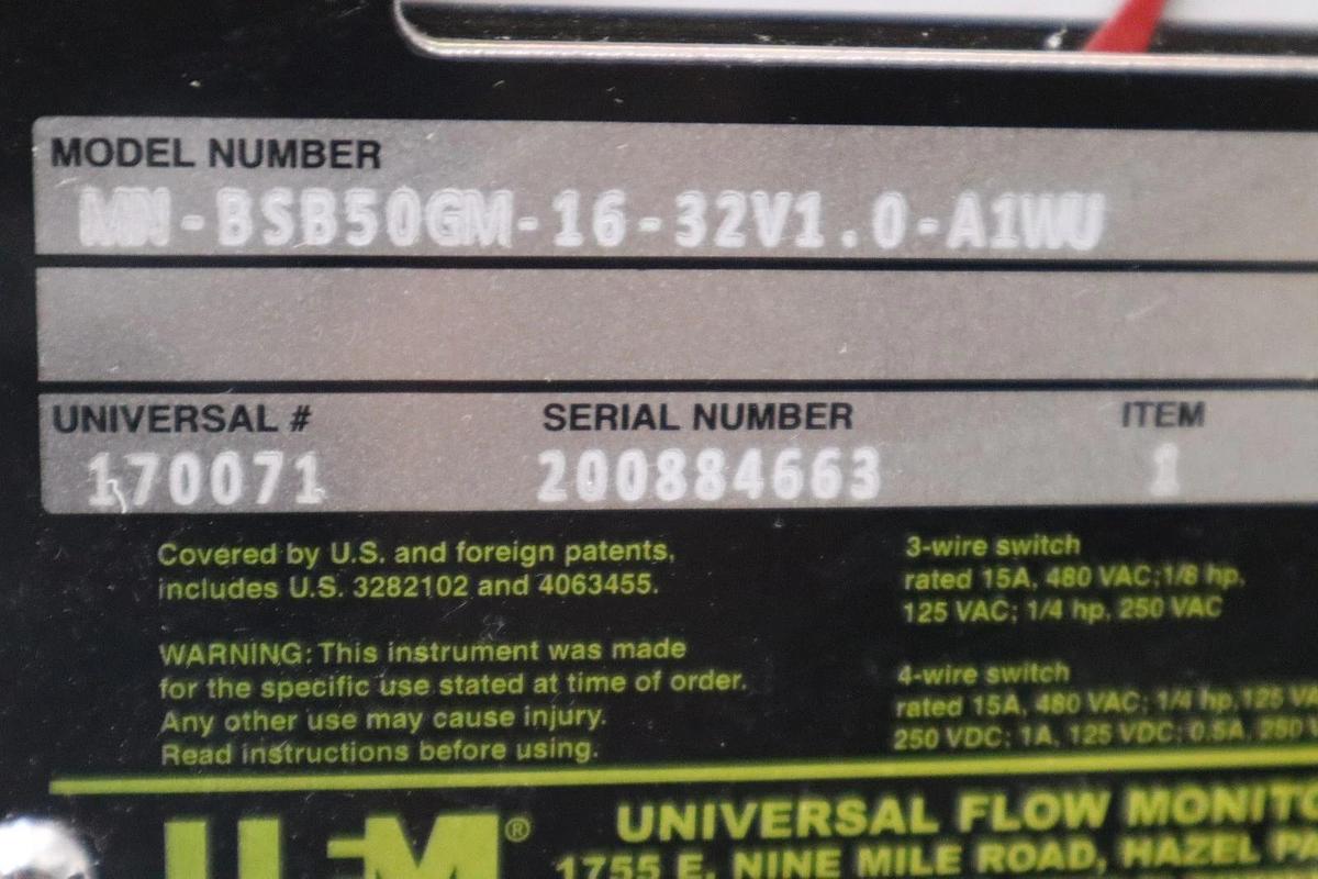 UNIVERSAL FLOW MONITORS MN-BSB50GM-16-32V1.0-A1WU FLOW METER - STOCK 3395B