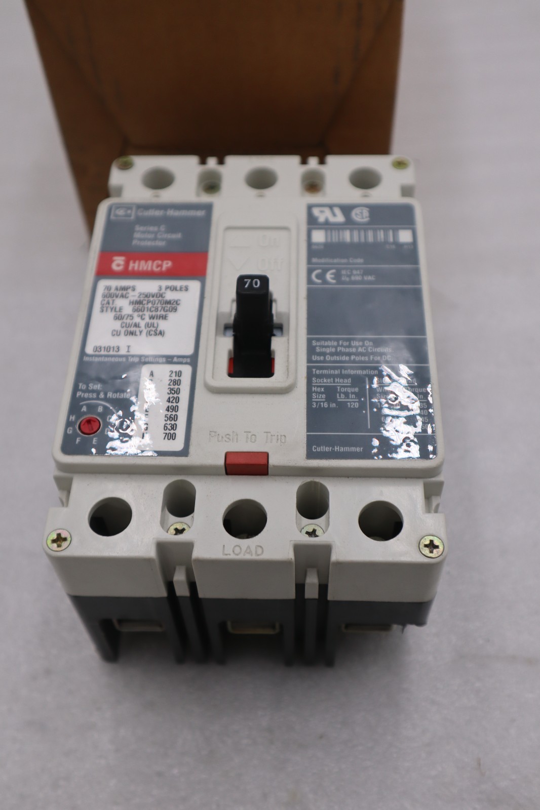 Used NEW OPEN BOX CUTLER HAMMER HMCP070M2C CIRCUIT BREAKER 3 POLE 70 AMP STK 1411CC