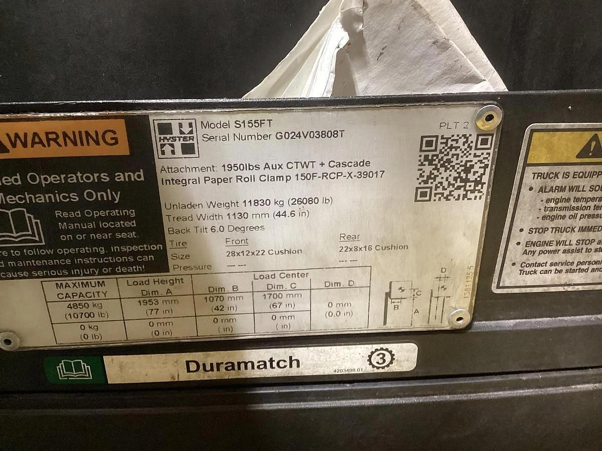 Used 15,500 POUND HYSTER MODEL S155FT FORKLIFT WITH 84" CASCADE PAPER ROLL CLAMP