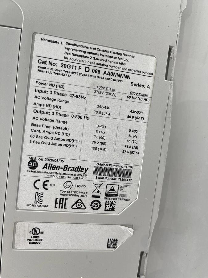 Used ALLEN BRADLEY POWERFLEX 755 20G11FD065AA0NNNNN SER. A F/W 14.004  STOCK 3166