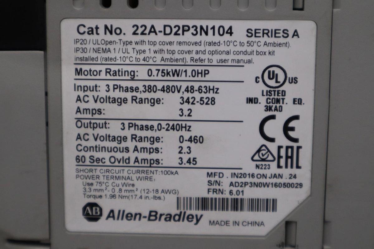 Used Allen Bradley AB 22A-D2P3N104 /A PowerFlex 4 AC Drive 1HP 3Ph 480V STOCK H1407