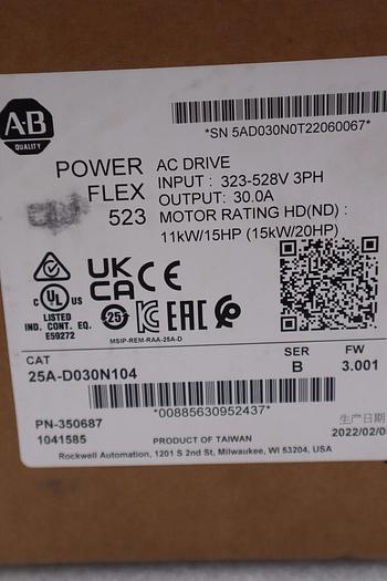NEW 25A-D030N104 Allen-Bradley PowerFlex 523 15kW (20Hp) AC Drive STOCK 3269