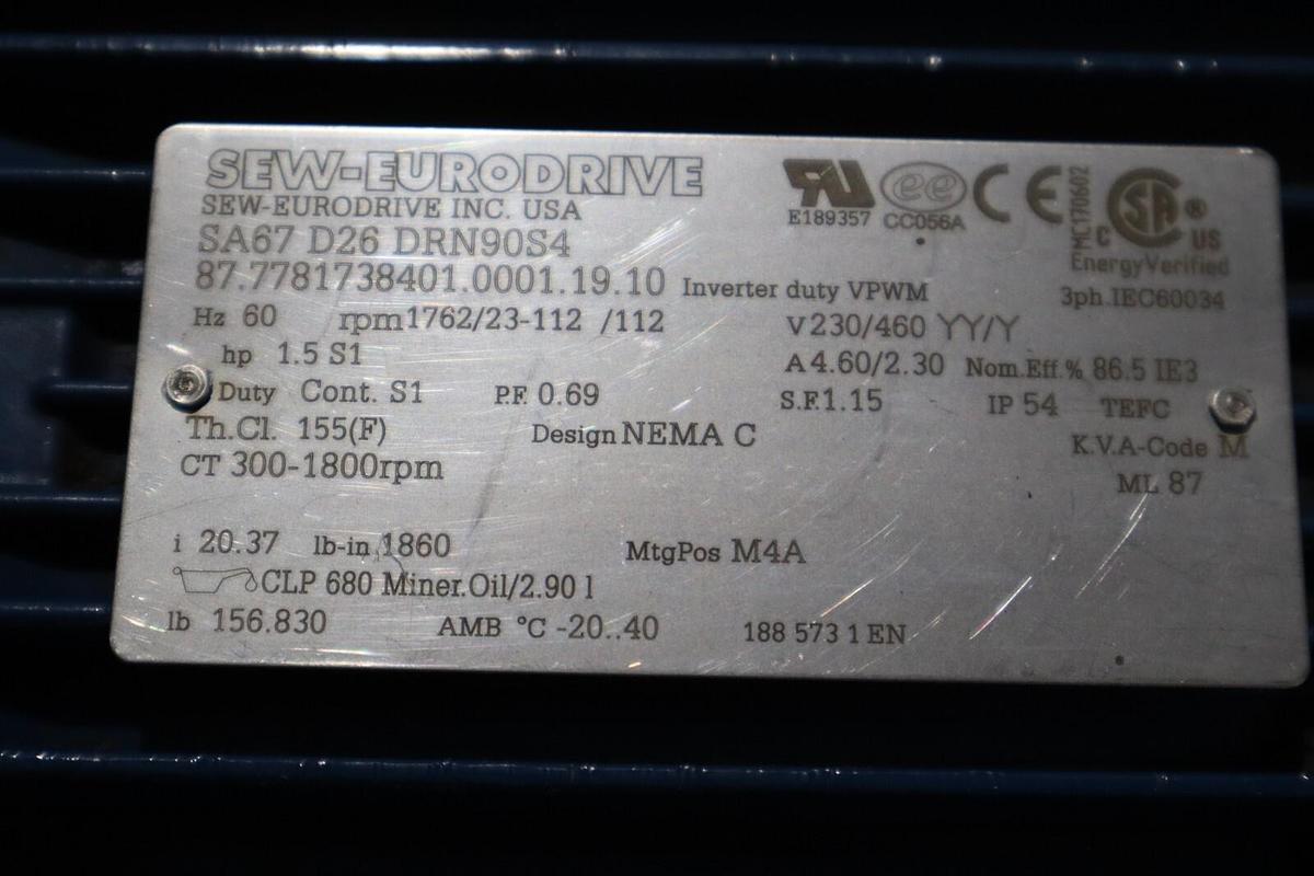 Used SEW EURODRIVE SA67 D26 DRN90S4/ SA67D26DRN90S4 GEARMOTOR-SURPLUS NEVER USED HS25