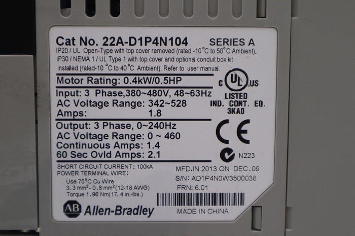 Used AB 22A-D1P4N104 PowerFlex4 AC Drive 22AD1P4N104 SER A ALLEN BRADLEY STOCK B-1285