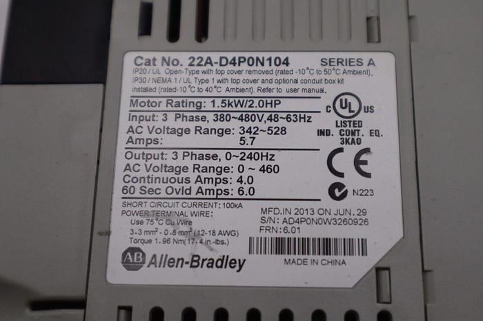 Used ALLEN BRADLEY 22A-D4P0N104 POWERFLEX 4 1.5kW/2.0HP SER A STOCK 5758