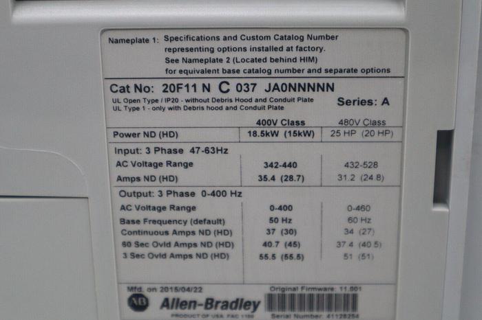 Used Allen-Bradley 20F11NC037JA0NNNNN AC DRIVE POWERFLEX 753 25 HP STOCK 5231