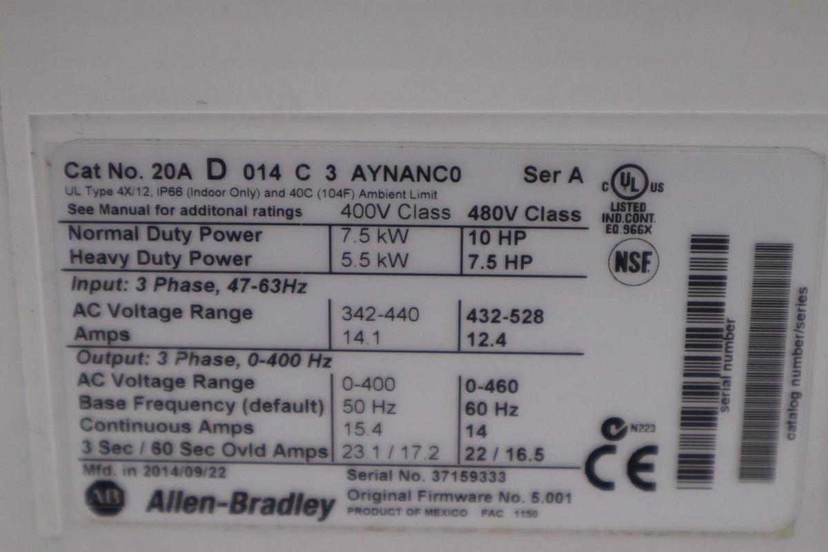 Used Allen Bradley 20AD014C3AYNANC0/ A 14A 460V 10HP AC DRIVE STOCK 4733