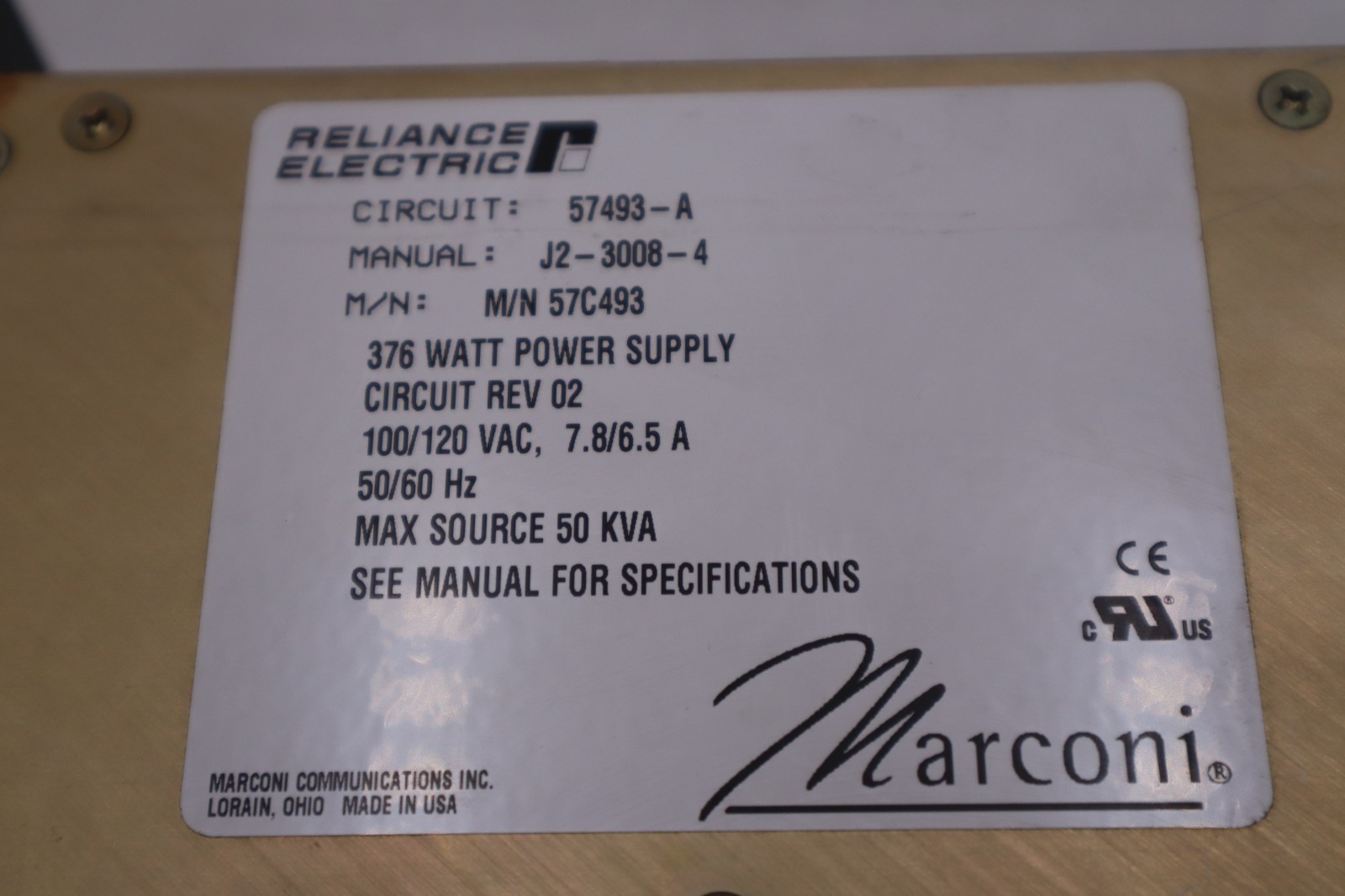Used RELIANCE ELECTRIC 57493A 57C493 100/120VAC 7.8/6.5A - STOCK 2704A