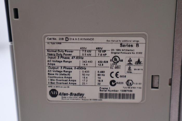ALLEN-BRADLEY 20BD014A0AYNAND0 SERIES B POWERFLEX 700 STOCK #2788