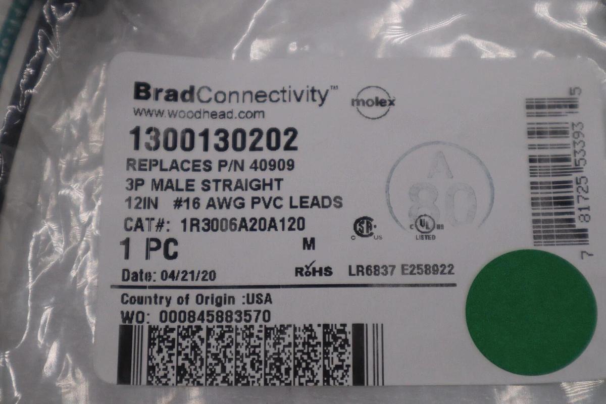 Used NEW LOT OF 2 BRAD CONNECTIVITY 3P MALE STRAIGHT 1300130202 STOCK G511A