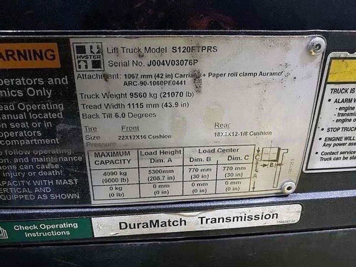 Used 12,000 POUND HYSTER S120FTPRS FORKLIFT WITH 60" BOLZONI PAPER ROLL CLAMP TRIPLE