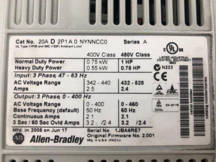 Used ALLEN BRADLEY DRIVE POWERFLEX 70 20AD3P1A0NYNNCC0 SERIES A F/W 2.001 ST 535