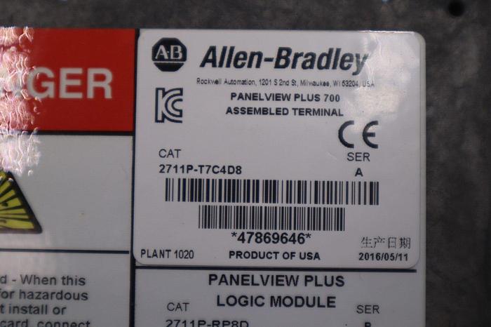 Used 2711P-T7C4D8 Allen Bradley PanelView Plus 700 Color/Touch Screen #5678