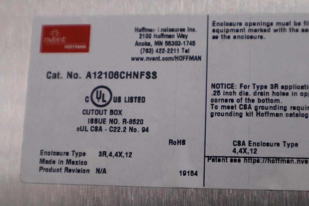 Used Hoffman A12106CHNFSS Electrical Stainless WITH TOWEL SIGNAL STOCK 4875