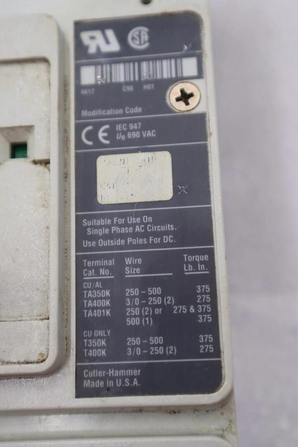 Used CUTLER-HAMMER HM2P400X5WS10 MOTOR CIRCUIT PROTECTOR SERIES C STOCK #3202