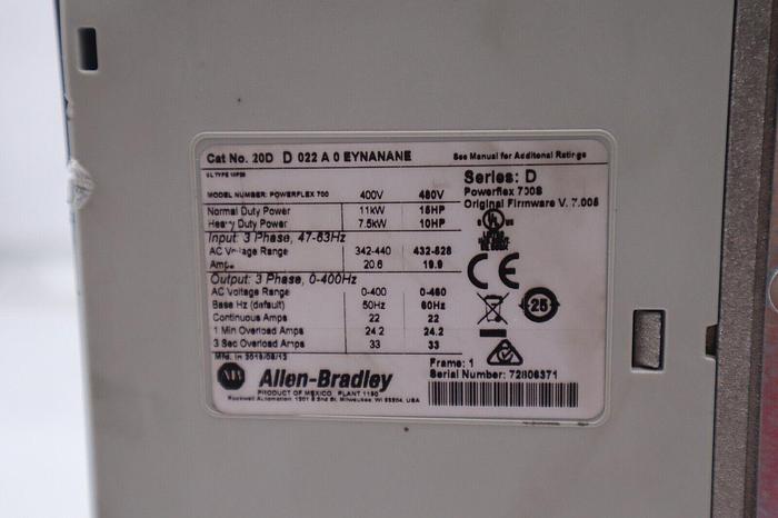 Used 2019 Allen Bradley PowerFlex 700S VFD 20DD022A0EYNANANE 15HP STOCK 2631