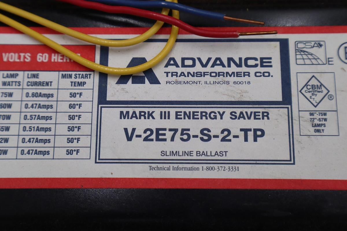 Used ADVANCE BALLAST V2E75-S-TP MARK III ENERGY SAVER #L-778