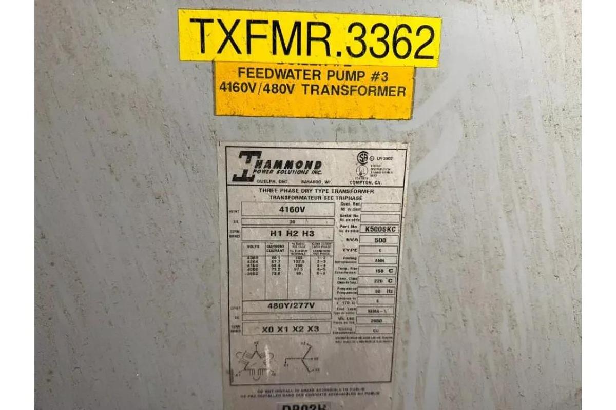 Used 500 KVA HAMMOND 4160V/ 480V DRY TYPE TRANSFORMER PART K500SKC