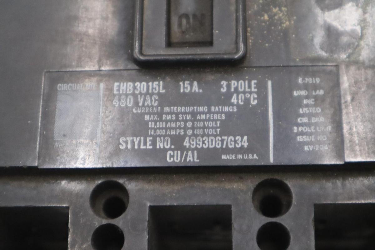 Used WESTINGHOUSE EHB3015L 3 POLE 15 AMP 15A 480V CIRCUIT BREAKER STK CC244