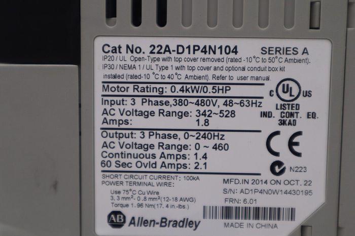 Used AB 22A-D1P4N104 PowerFlex4 AC Drive 22AD1P4N104 SER A ALLEN BRADLEY STOCK B-1288
