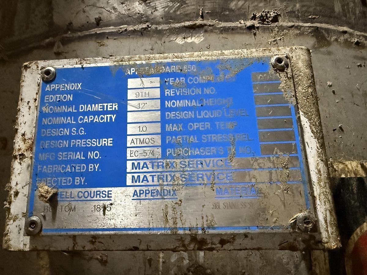 Used 10,000 GALLON MATRIX SERVICE 12' DIAMETER X 12' TALL 316L STAINLESS STEEL TANK