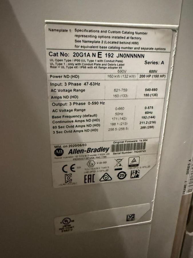 Used 200 HP ALLEN BRADLEY POWERFLEX 755 DRIVE CAT. 20G1ANE192JN0NNNNN 600V