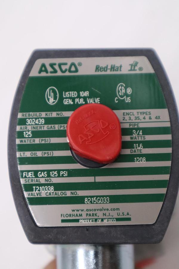 Used NEW ASCO 8215G033 SOLENOID VALVE 3/4" 125 PSI STOCK H1590