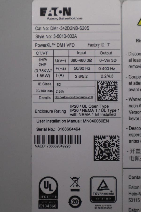 Used EATON DM1-342D2NB-S20S VFD 480V 1HP POWERXL STOCK 2893A