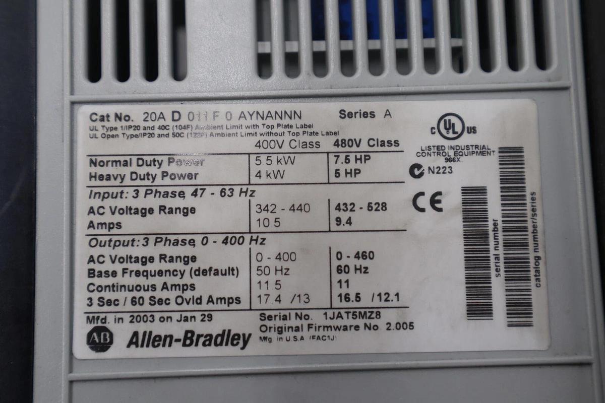 Used ALLEN BRADLEY POWERFLEX 70 20AD011F0AYNANNN SER.A 3PH 5.5KW 7.5HP STOCK 2505