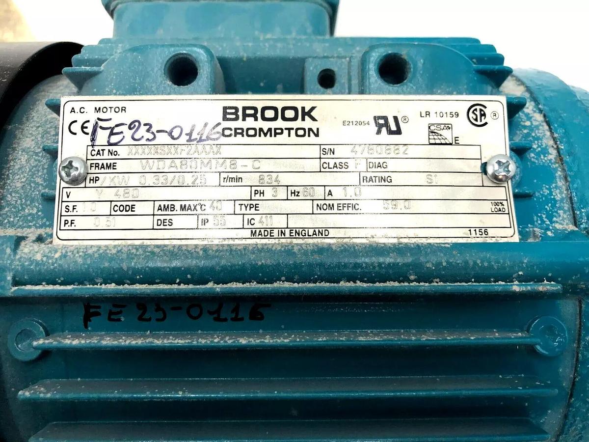 Used BROOK CROMPTON XXXXXSXXF2AAAX AC MOTOR 3PH 834RPM 480V STOCK S-125