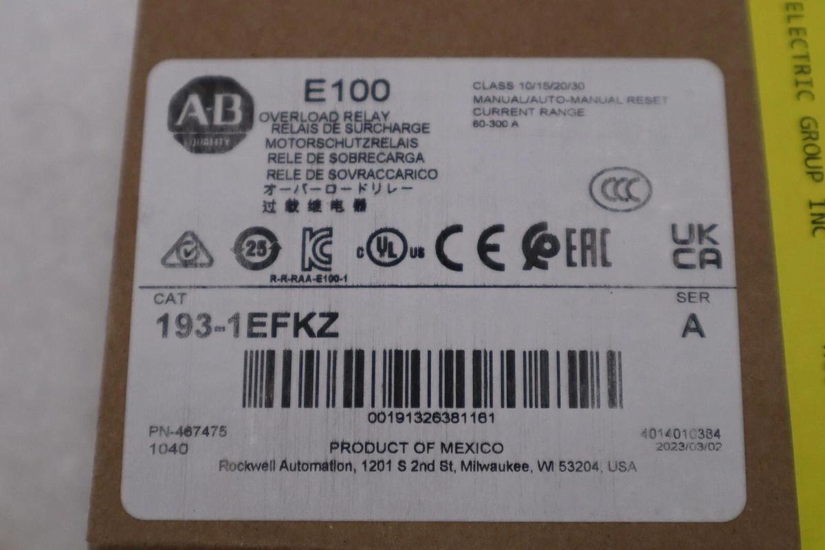 New Allen Bradley 193-1EFKZ Series A E100 Overload Relay 60-300 Amp Range #G35A