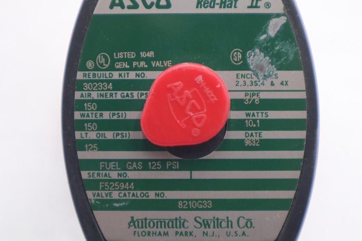 Used Asco Red-Hat 8210G33 Solenoid Valve 3/8 12VDC STOCK K-2789