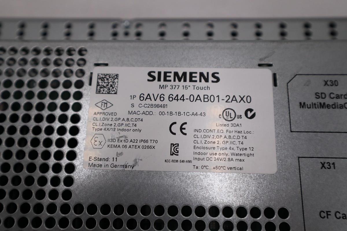 Used Siemens 6AV6 644-0AB01-2AX0 MP 377 Touchscreen Panel 15" - STOCK 3498A