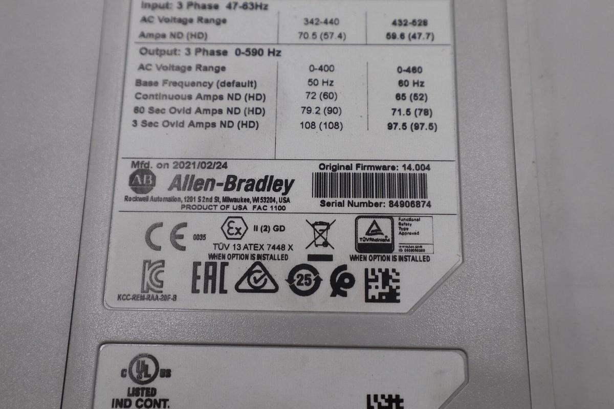 Used Allen Bradley Powerflex753, 50HP,  MFG. 2021 CAT: 20F11ND065JA0NNNNN STOCK 2483